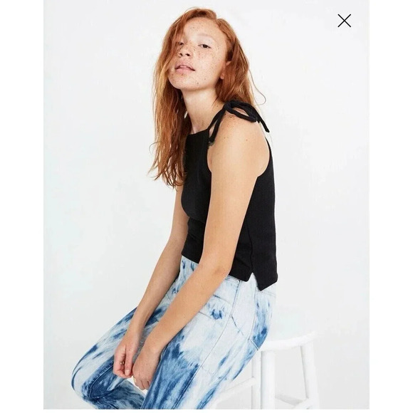 Madewell Tie Shoulder Tank Top Medium Black Stretch Basic New - Picture 1 of 6